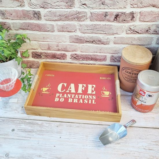 레드 카페 일러스트 우드 데코 트레이