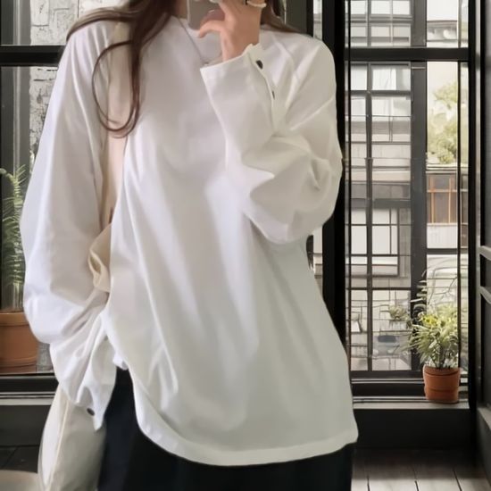 여성 소매 단추 포인트 화이트 맨투맨 티셔츠
