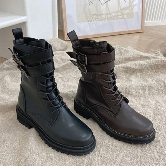 [애슬릿]투 버클 스트랩 여성 통굽 워커 앵클 부츠