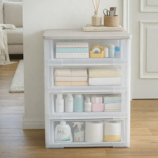 이노스 투명 우드상판 4단 플라스틱 서랍장 옷 정리함