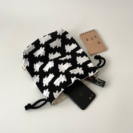 비숑 손그림 패턴 끈파우치 / 블랙 XL