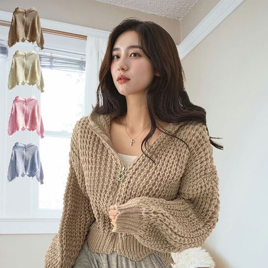봄 그물 크롭 후드 니트 벌룬 가디건 니트가디건