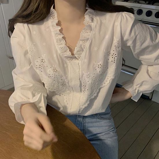 레유 셔츠 브이넥 라운드 티셔츠 블라우스(WB1183E)