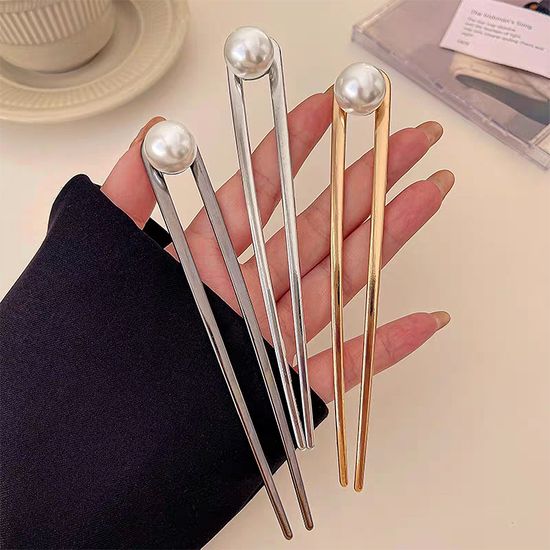 컬러 진주 왕볼 U자형 꼬임 헤어 비녀 머리 장식 핀