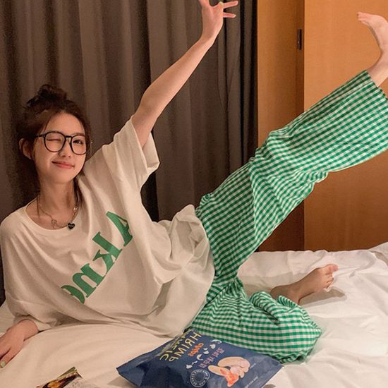 체크 반팔 파자마 세트