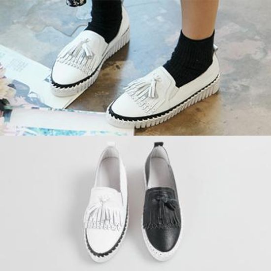 [애슬릿]소가죽 프린지테슬 통굽슬립온 3.5cm