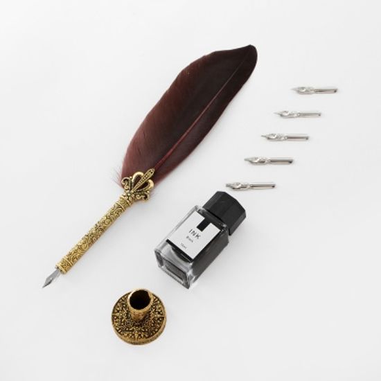 4종 구스 깃털펜 잉크 만년필 세트(다크브라운)