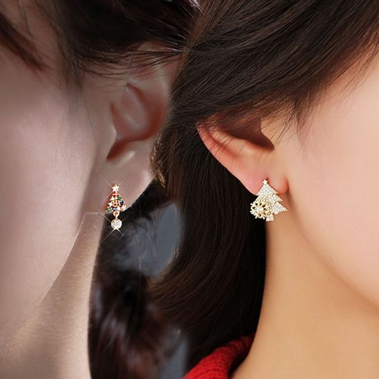 크리스마스 트리 눈꽃 귀걸이 미니 큐빅 겨울 귀걸이