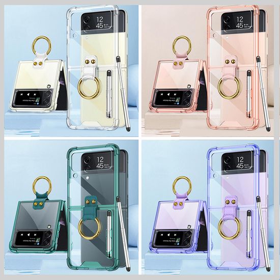 갤럭시 z플립 6 5 4 골드 링 터치펜 포함 투명 케이스