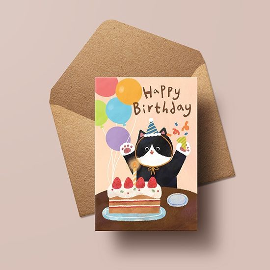 생일카드 HH2301 - HAPPY BIRTHDAY-cat 캘리그라피