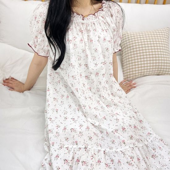 플라워 퍼프 순면 원피스 잠옷 홈웨어