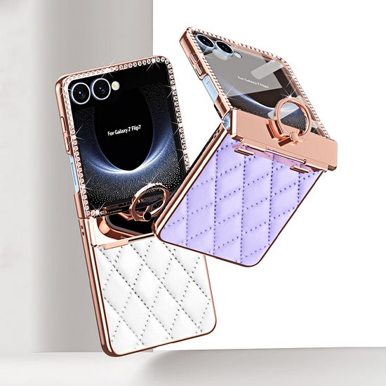 갤럭시 z플립7 퀄팅 가죽 큐빅 데코덴 힌지 링 케이스