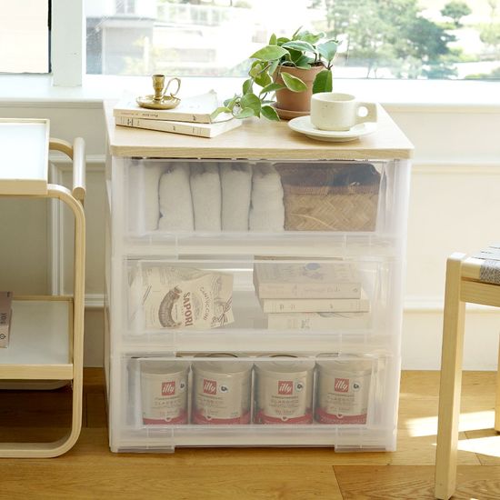 이노스 투명 우드상판 3단 플라스틱 서랍장 옷 정리함