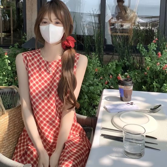 여성 여름 미니 사선체크 민소매 원피스