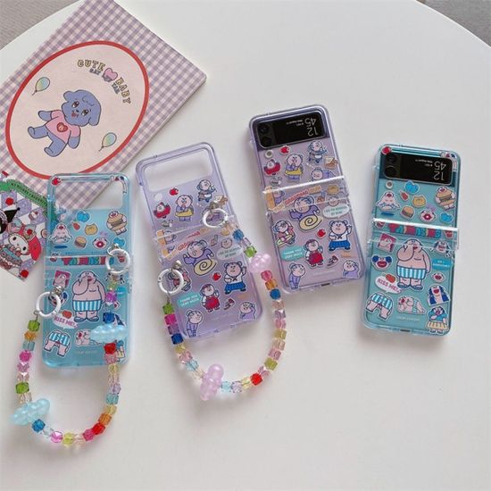 갤럭시Z플립 4 3 캐릭터 투명 힌지보호 스트랩 케이스