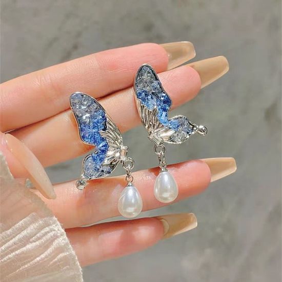크리스탈 나비 진주 드롭 귀걸이 여름 패션 악세사리