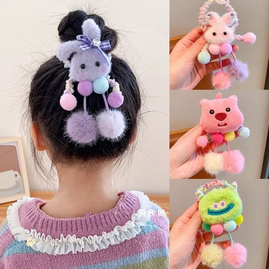 귀여운 캐릭터 인형 폼폼이 방울 장식 반묶음 머리끈