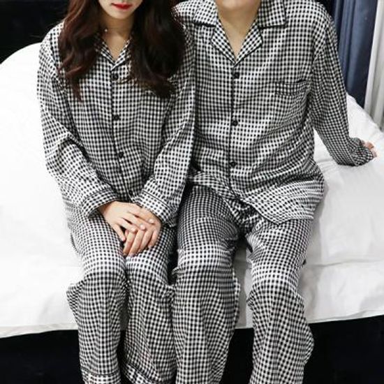최고급 원단 체크무늬 실크잠옷 커플