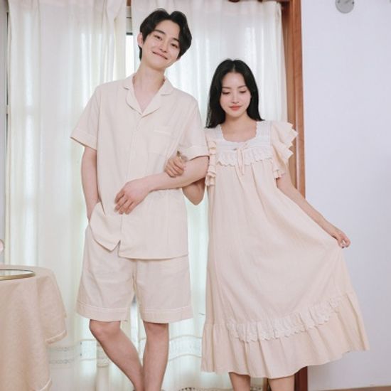 순면 도비면 소재 레브 커플 원피스 잠옷 홈웨어