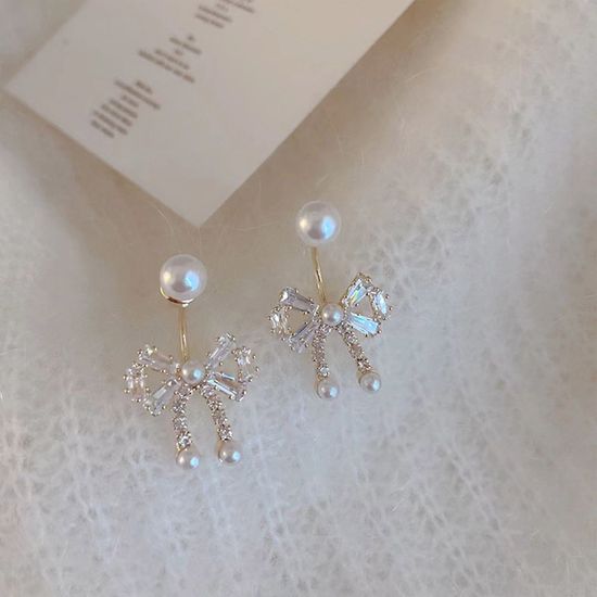 세련된 겨울 눈꽃 리본 왕 볼 진주 큐빅 드롭 귀걸이