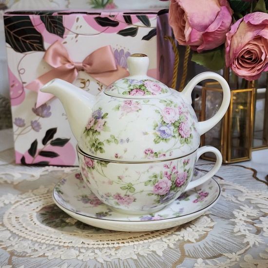 잉글리쉬 로즈 티포원 1인 티팟 찻잔 소서 세트
