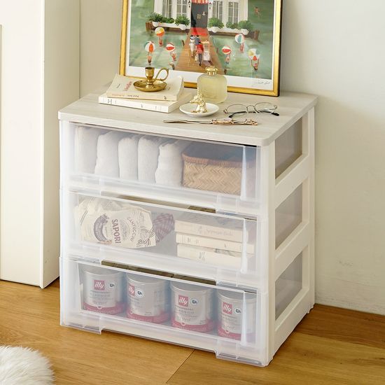 이노스 투명 우드상판 3단 플라스틱 서랍장 옷 정리함