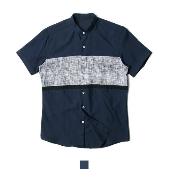 남자셔츠 차이나카라 배색 네이비 반팔셔츠