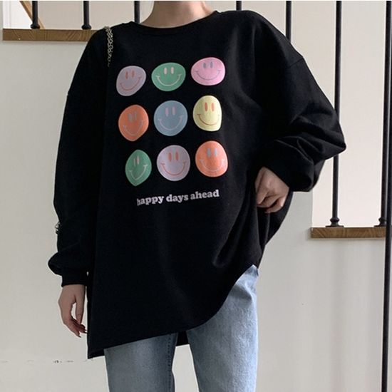 [애슬릿]데일리 스마일 박스핏 롱 그래픽 티셔츠