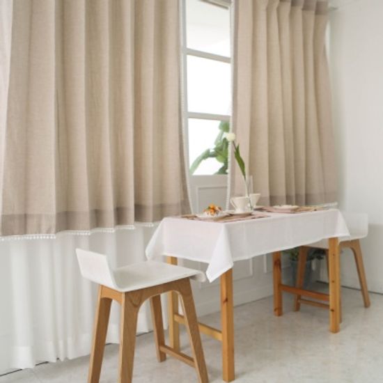 레브 무지 폼폼 커튼-베이지