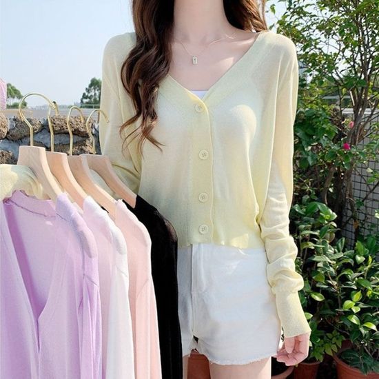 파스텔톤 여성 여름 긴팔 브이넥 가디건 얇은 시스루[