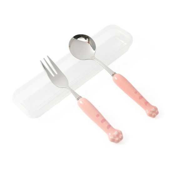 꾹꾹호랑 휴대용 숟가락 포크 세트 디저트숟가락 핑크
