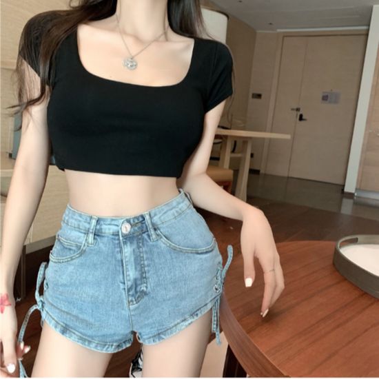 딱붙는핏 이너티 청순 U넥 크롭 반팔티 한강 나들이