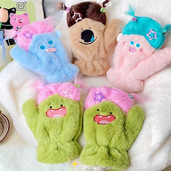 귀여운 캐릭터 머리카락 밍크 털 벙어리 겨울 퍼 장갑