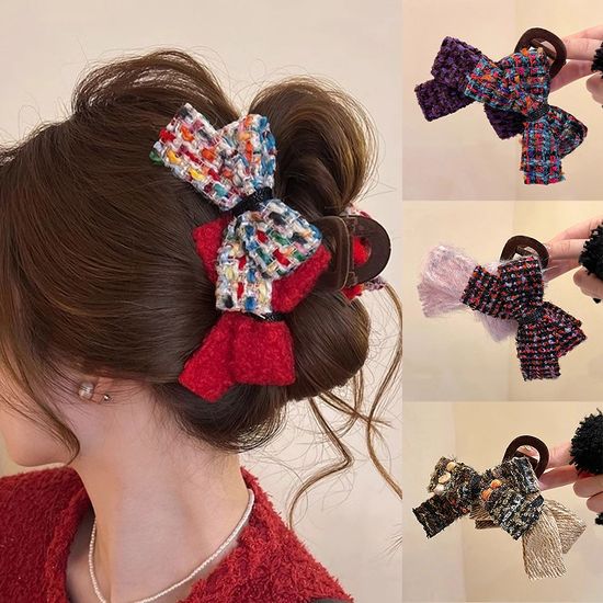 러블리 트위드 더블 리본 헤어 집게핀 겨울 머리핀