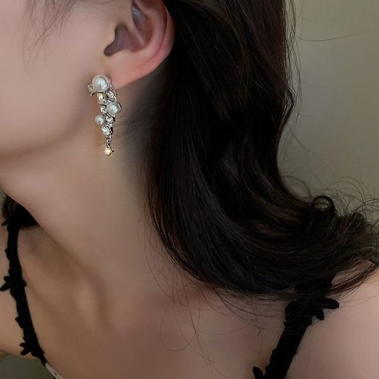 진주 펄 리프 스톤 롱 드롭 럭셔리 귀걸이 925 실버