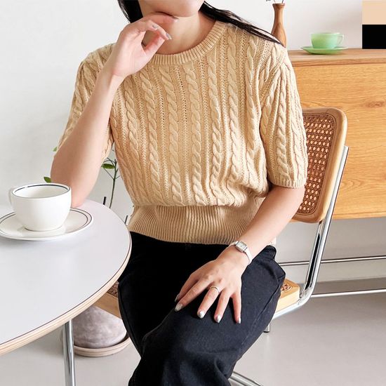 CAT 1043 여자퍼프 꽈배기 반팔니트(WFFQSNG)