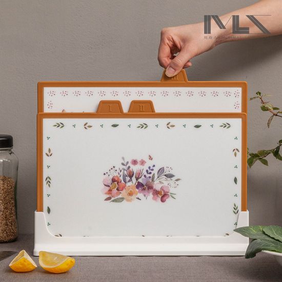 미라스 플로랄 사각 인덱스 도마 4P 거치대 세트