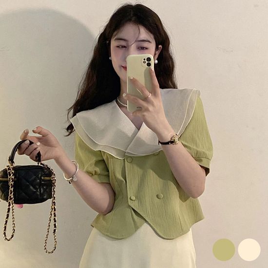 이중 빅카라 레이스 쉬폰 블라우스 여성 셔츠 여자
