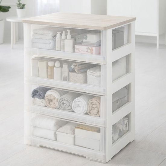 이노스 투명 우드상판 4단 플라스틱 서랍장 옷 정리함