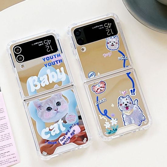 갤럭시 z플립 4 3 귀여운 고양이 강아지 미러 케이스