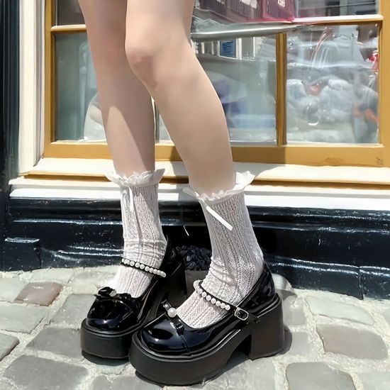 여성용 블랙 플랫폼 진주 라인 메리 제인 로퍼