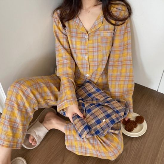 그란데 체크 면잠옷 파자마 세트