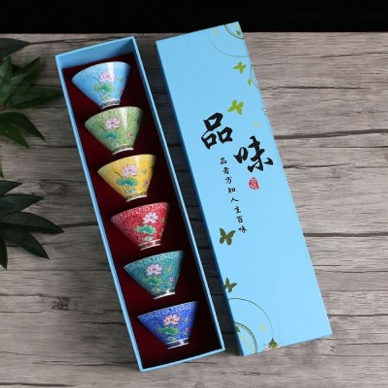 레트로 플라워 다기 찻잔 6p세트(70ml) (연꽃) 사케잔