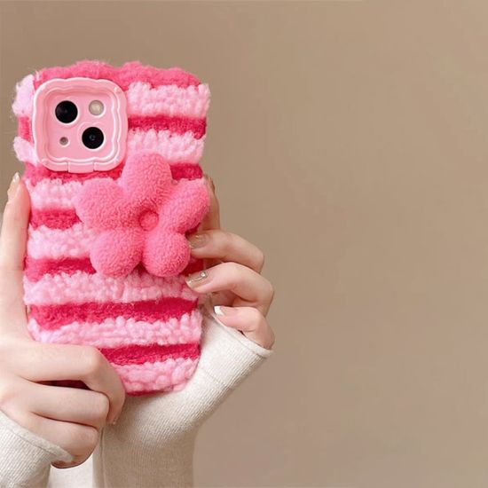 아이폰15 14 13 12 뽀글이 핑크꽃 양털 거치대 케이스