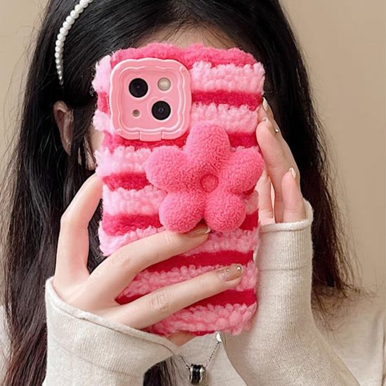 아이폰15 14 13 12 뽀글이 핑크꽃 양털 거치대 케이스