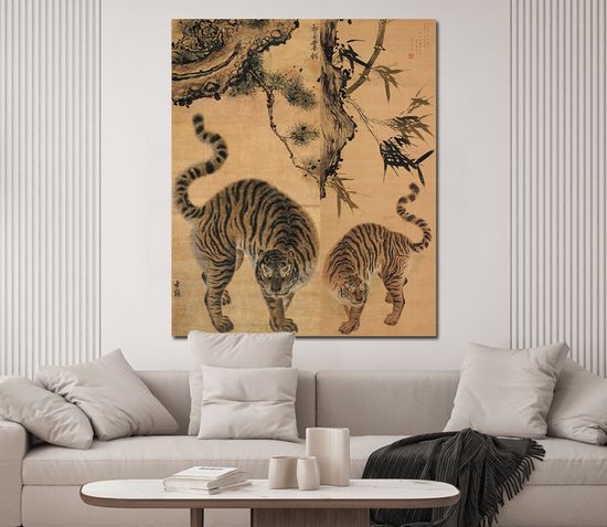 김홍도 호랑이 그림 소나무 풍수 액자 한국화 중형