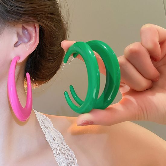 키치 복고 빅 C자형 핫핑크 그린 후프 귀걸이 컬러링