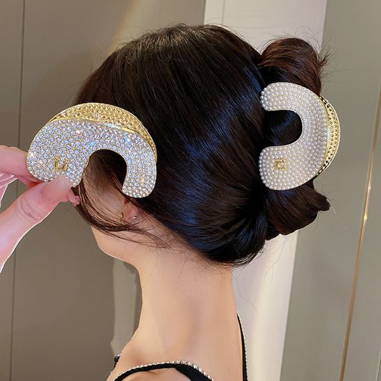 진주 큐빅 골드 대형 헤어 집게핀 고정핀 올림 머리핀
