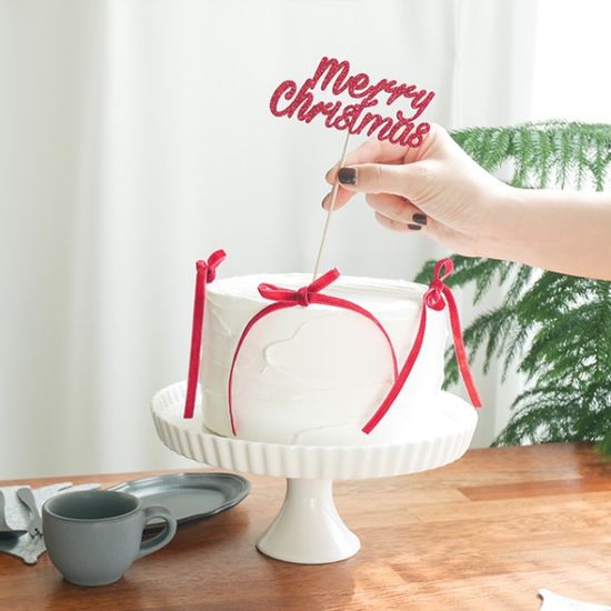 크리스마스 레드 리본 케이크 토퍼 세트