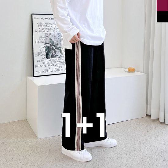 [1+1] 남자 커플 트레이닝 테잎 트랙 와이드 팬츠